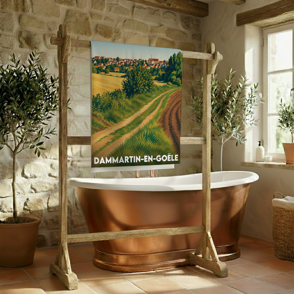 Serviette de bain souvenir de la ville de Dammartin-en-Goële avec une illustration stylisée.