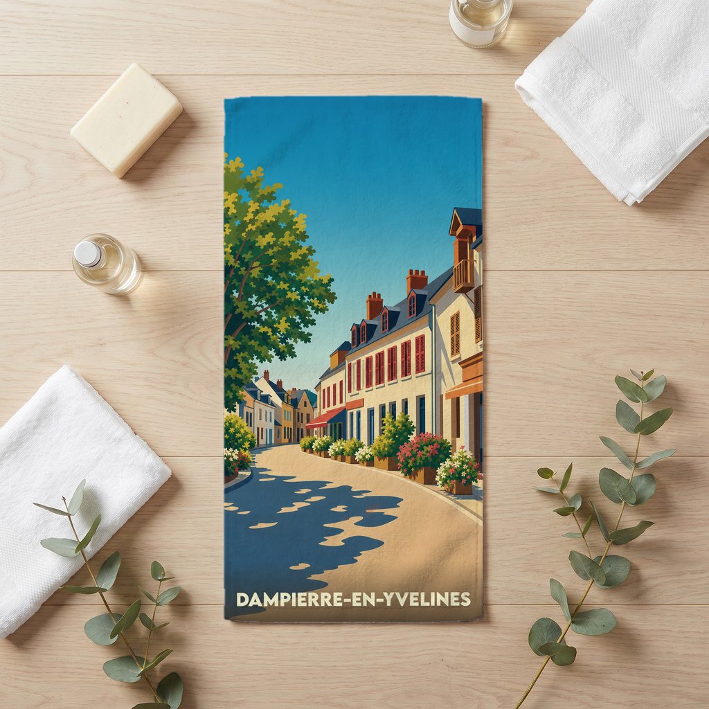 Serviette de bain souvenir de Dampierre-en-Yvelines avec une illustration stylisée d'une rue pittoresque du village.