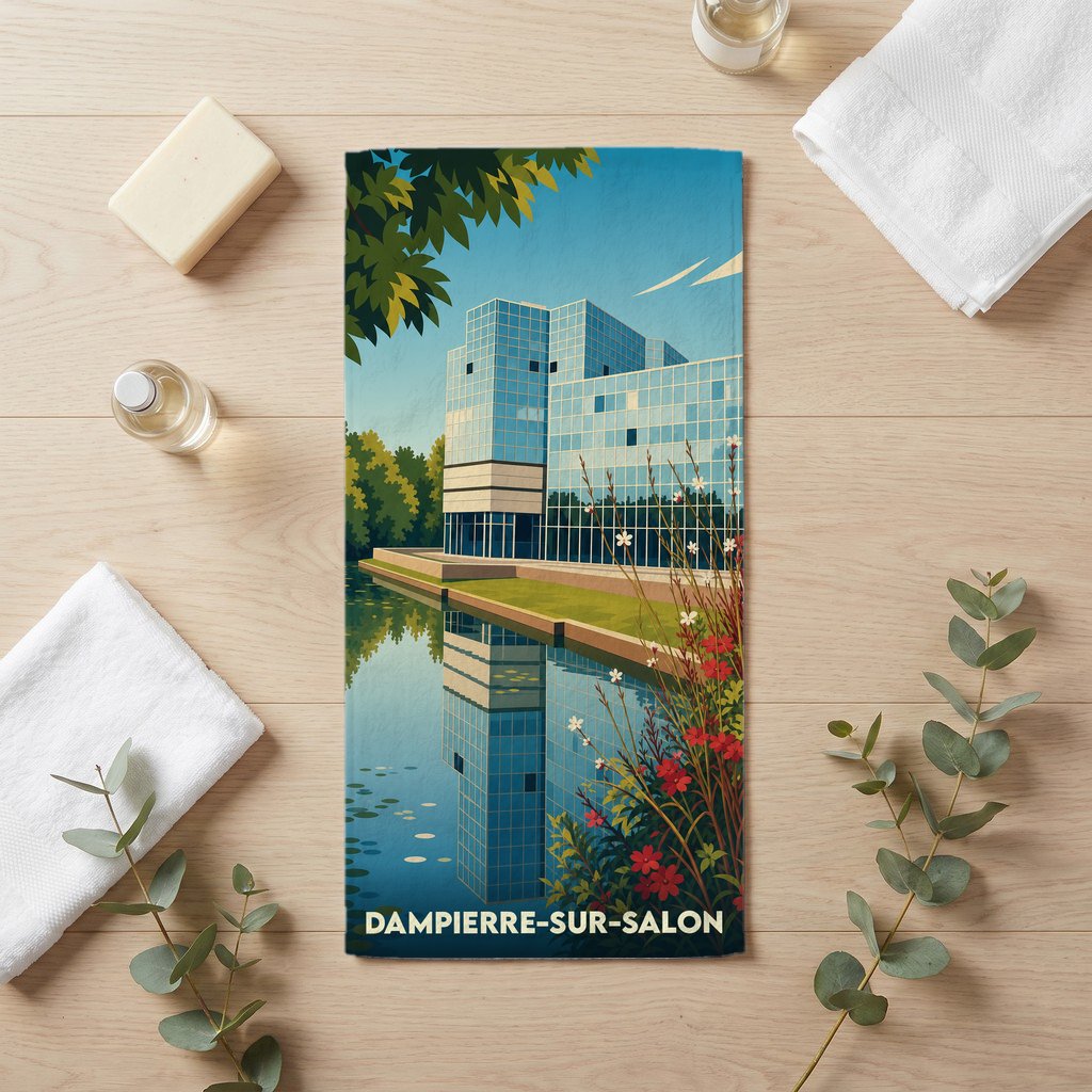 Serviette de bain souvenir de Dampierre-sur-Salon illustrée d'un bâtiment moderne se reflétant dans l'eau.