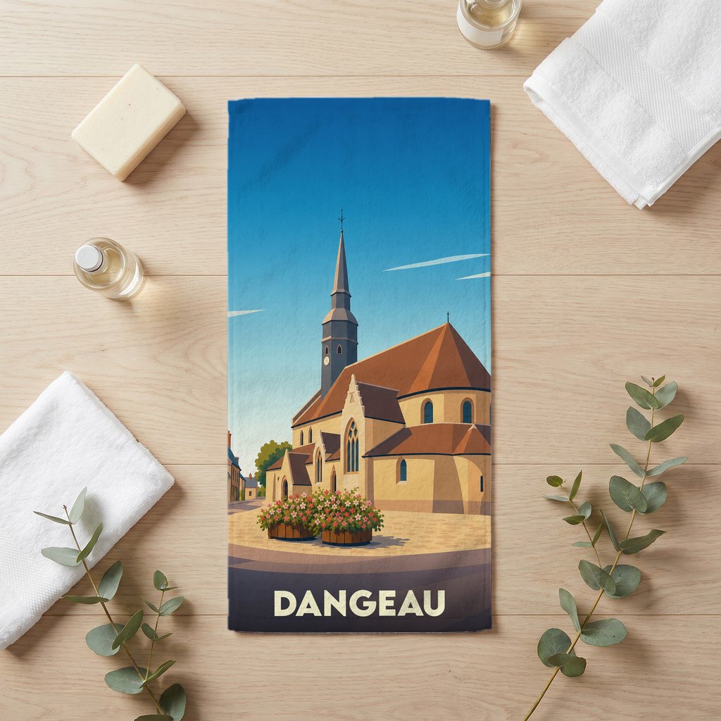Serviette de bain souvenir de la ville de Dangeau illustrée d'une église sous un ciel bleu.