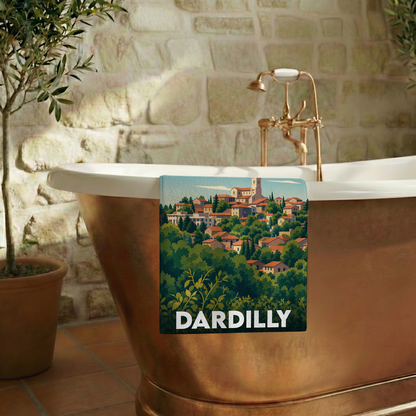 Serviette de bain souvenir de la ville de Dardilly avec une illustration stylisée.
