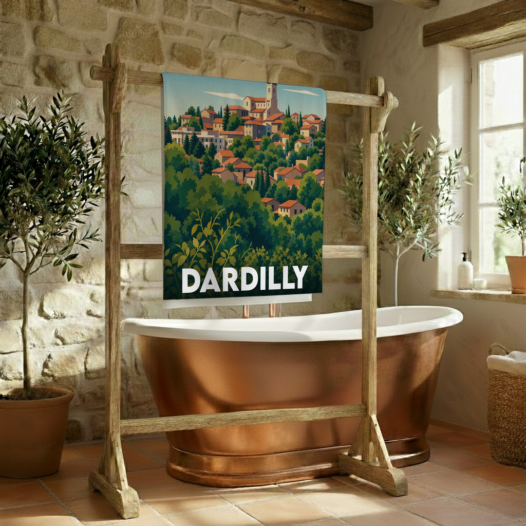 Serviette de bain souvenir de la ville de Dardilly avec une illustration stylisée de ses paysages vallonnés.