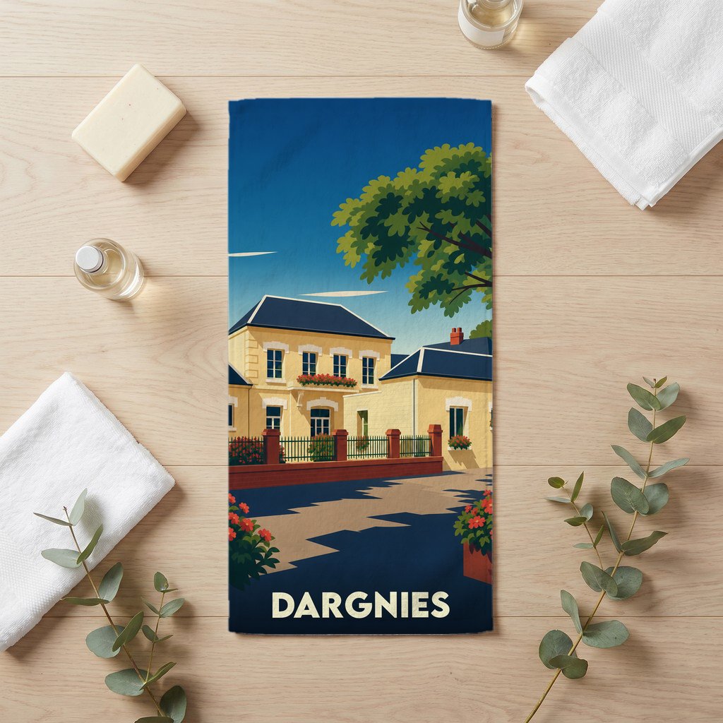 Serviette de bain souvenir de la ville de Dargnies avec une illustration stylisée d'une maison bourgeoise.