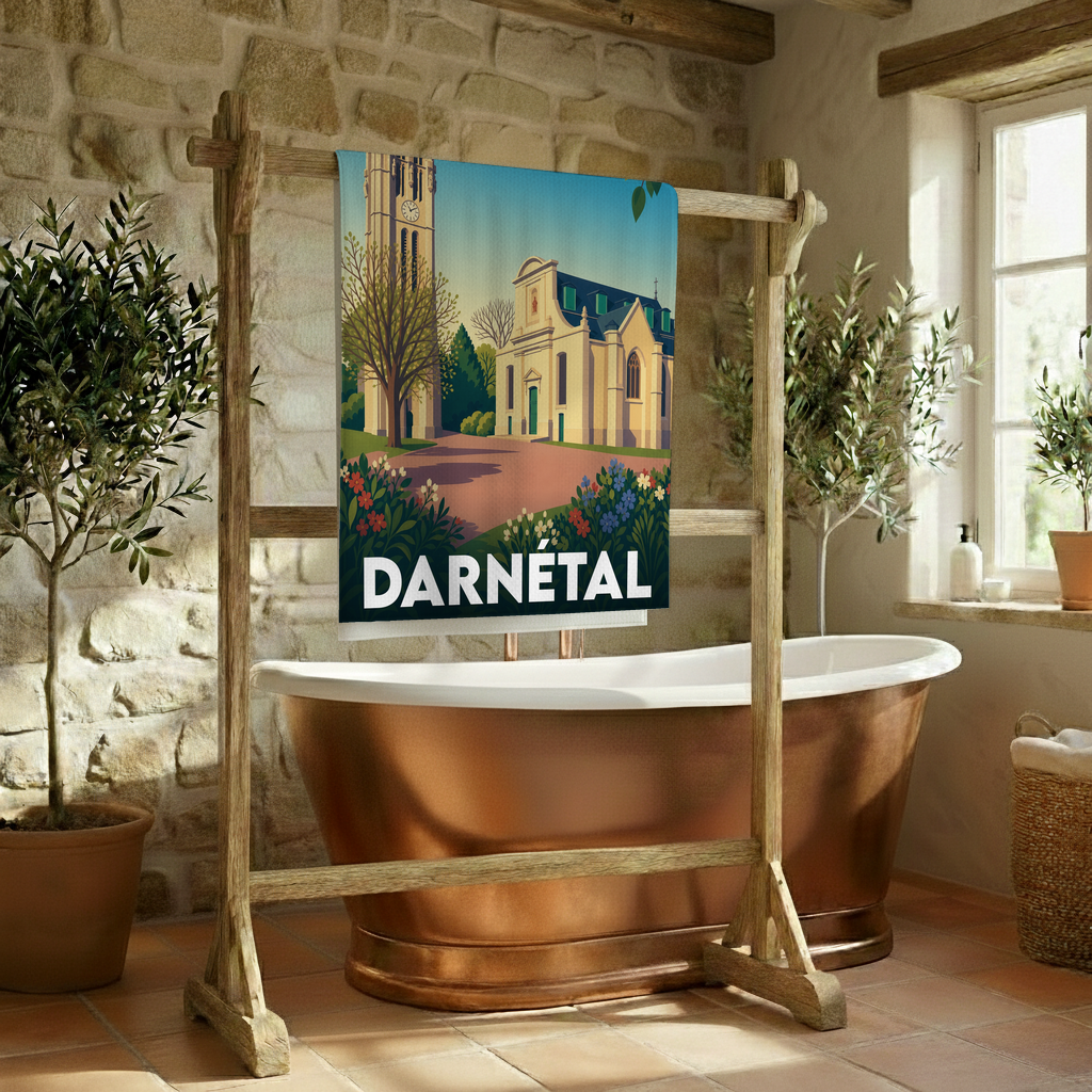 Serviette de bain souvenir de la ville de Darnétal avec une illustration stylisée d'une église et de son clocher.