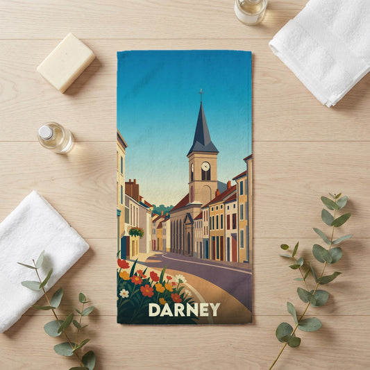 Serviette de bain souvenir de la ville de Darney avec une illustration stylisée d'une rue menant au clocher de l'église.