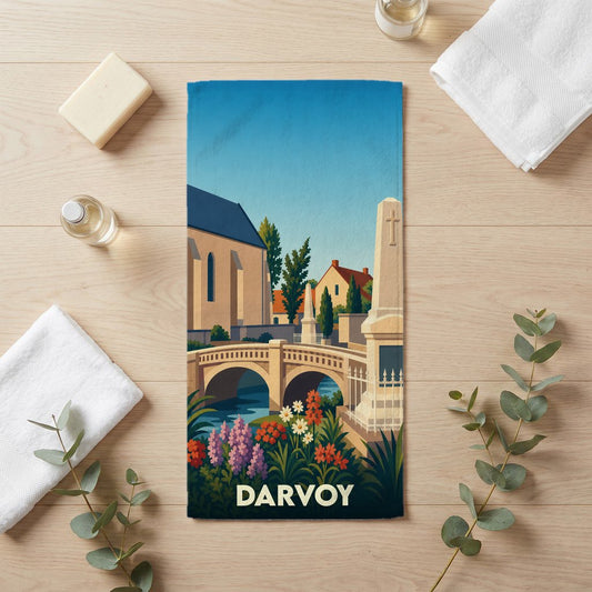 Serviette de bain souvenir de la ville de Darvoy avec une illustration stylisée.