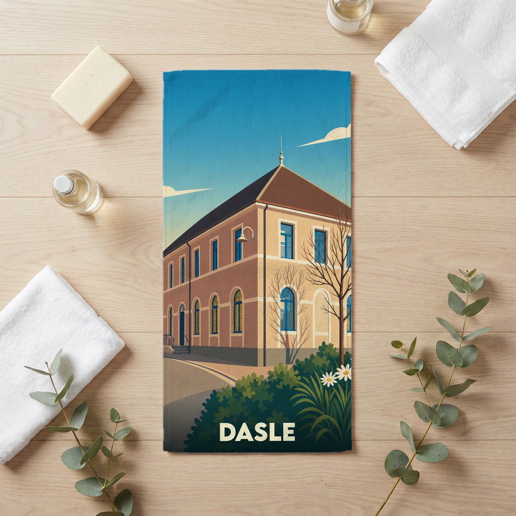 Serviette de bain souvenir de la ville de Dasle avec une illustration stylisée d'un bâtiment historique.