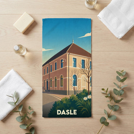 Serviette de bain souvenir de la ville de Dasle avec une illustration stylisée d'un bâtiment historique.