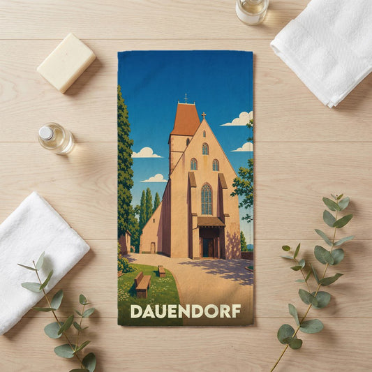 Serviette de bain souvenir de la ville de Dauendorf avec une illustration stylisée d'une église sous un ciel bleu.