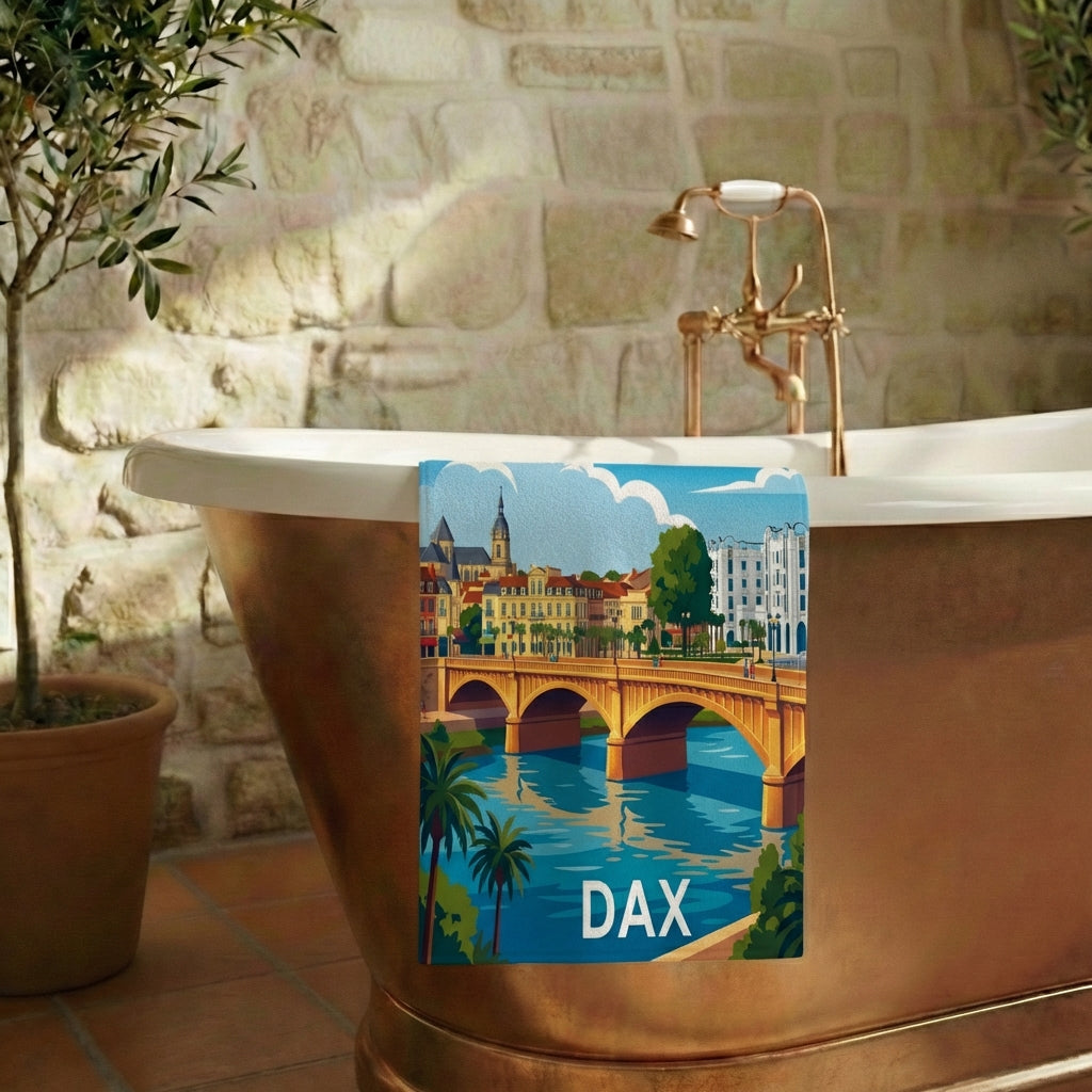 Serviette de bain souvenir de la ville de Dax avec une illustration stylisée du pont et des monuments.