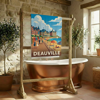 Serviette de bain souvenir de la ville de Deauville avec une illustration stylisée de son front de mer.