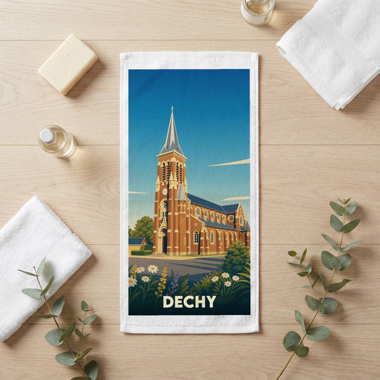 Serviette de bain souvenir de la ville de Dechy ornée d'une illustration stylisée de son église.