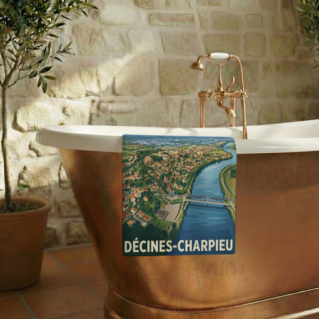 Serviette de bain souvenir de la ville de Décines-Charpieu avec une illustration stylisée.