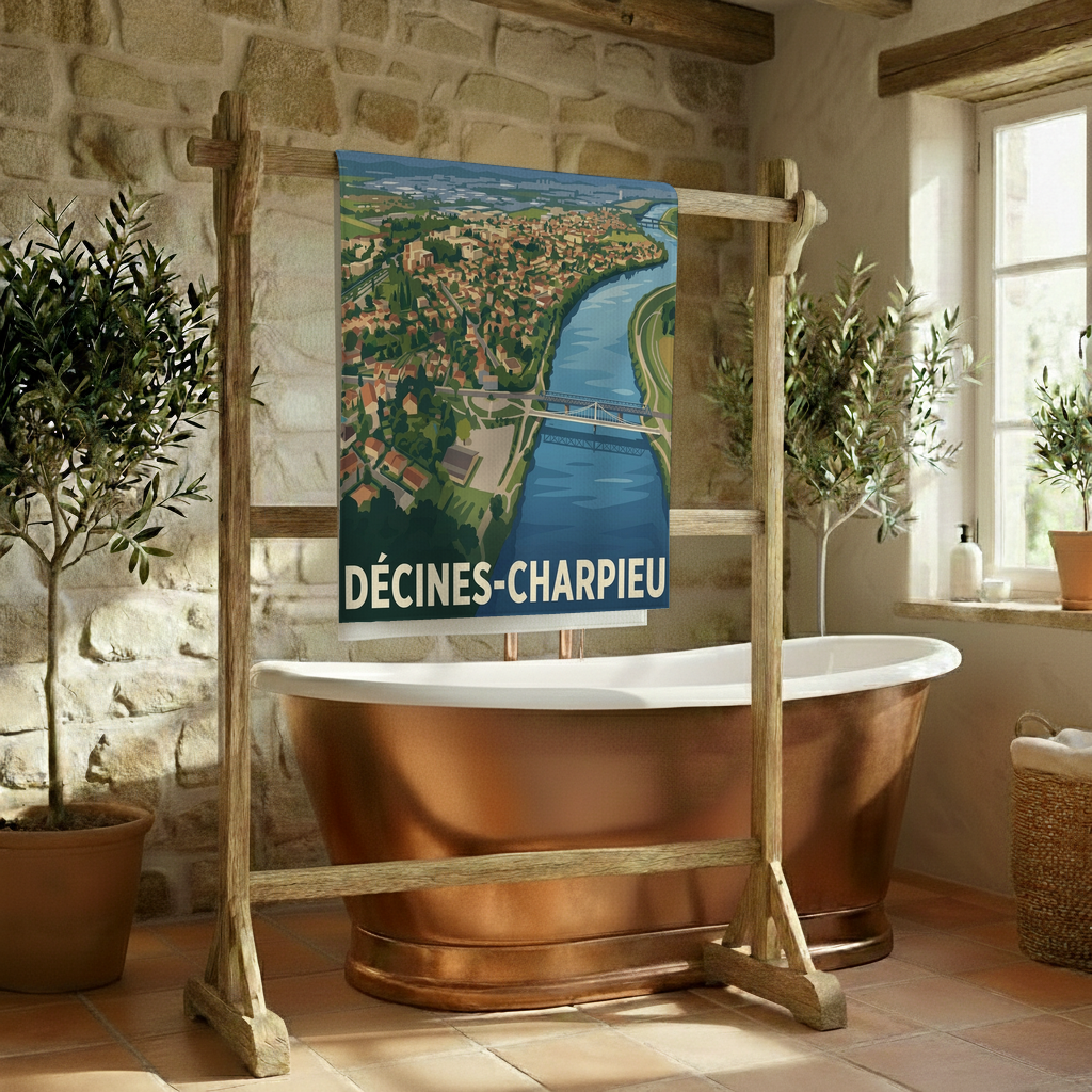 Serviette de bain souvenir de la ville de Décines-Charpieu avec une illustration stylisée de son paysage.