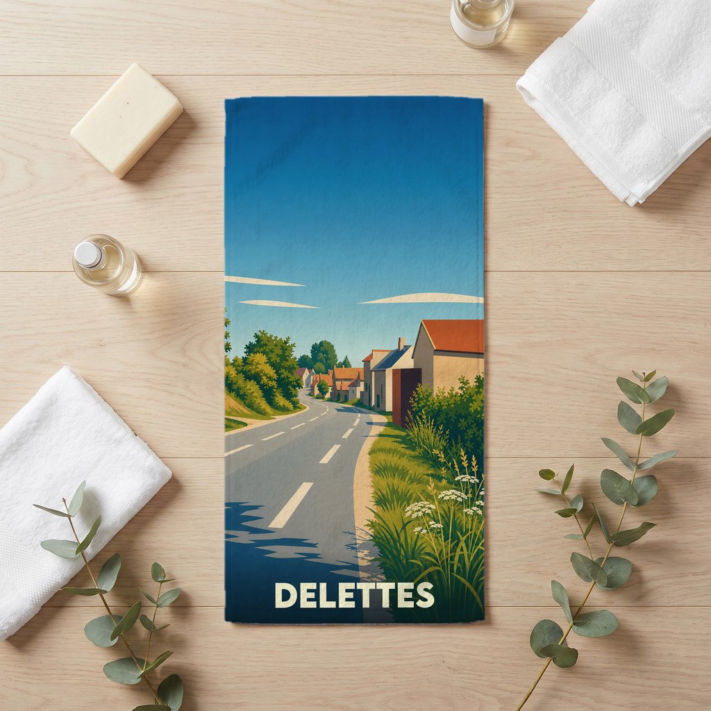 Serviette de bain souvenir de la ville de Delettes illustrant une route de campagne menant au village.