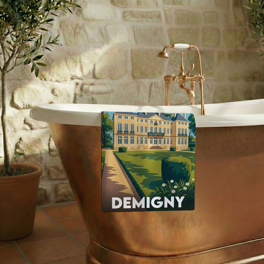 Serviette de bain souvenir de la ville de Demigny avec une illustration stylisée.