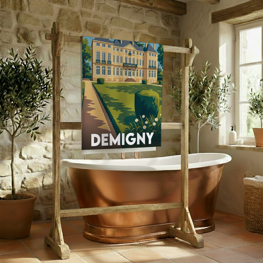 Serviette de bain souvenir de la ville de Demigny avec une illustration stylisée d'un château.