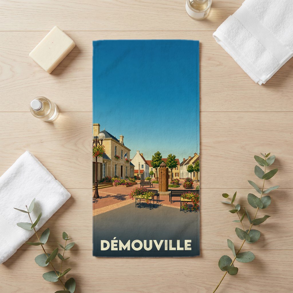Serviette de bain souvenir de la ville de Démouville avec une illustration stylisée de sa place centrale.