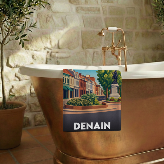 Serviette de bain souvenir de la ville de Denain avec une illustration stylisée.