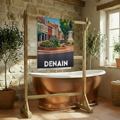 Serviette de bain souvenir de la ville de Denain avec une illustration stylisée.