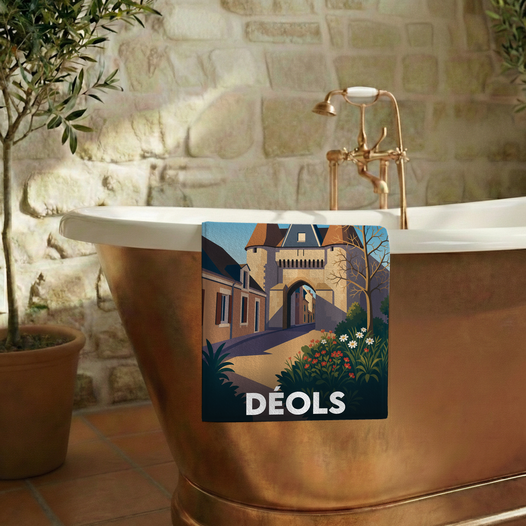 Serviette de bain souvenir de la ville de Déols avec une illustration stylisée.