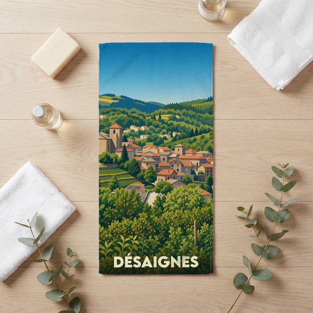 Serviette de bain souvenir de la ville de Désaignes avec une illustration stylisée de son paysage vallonné.