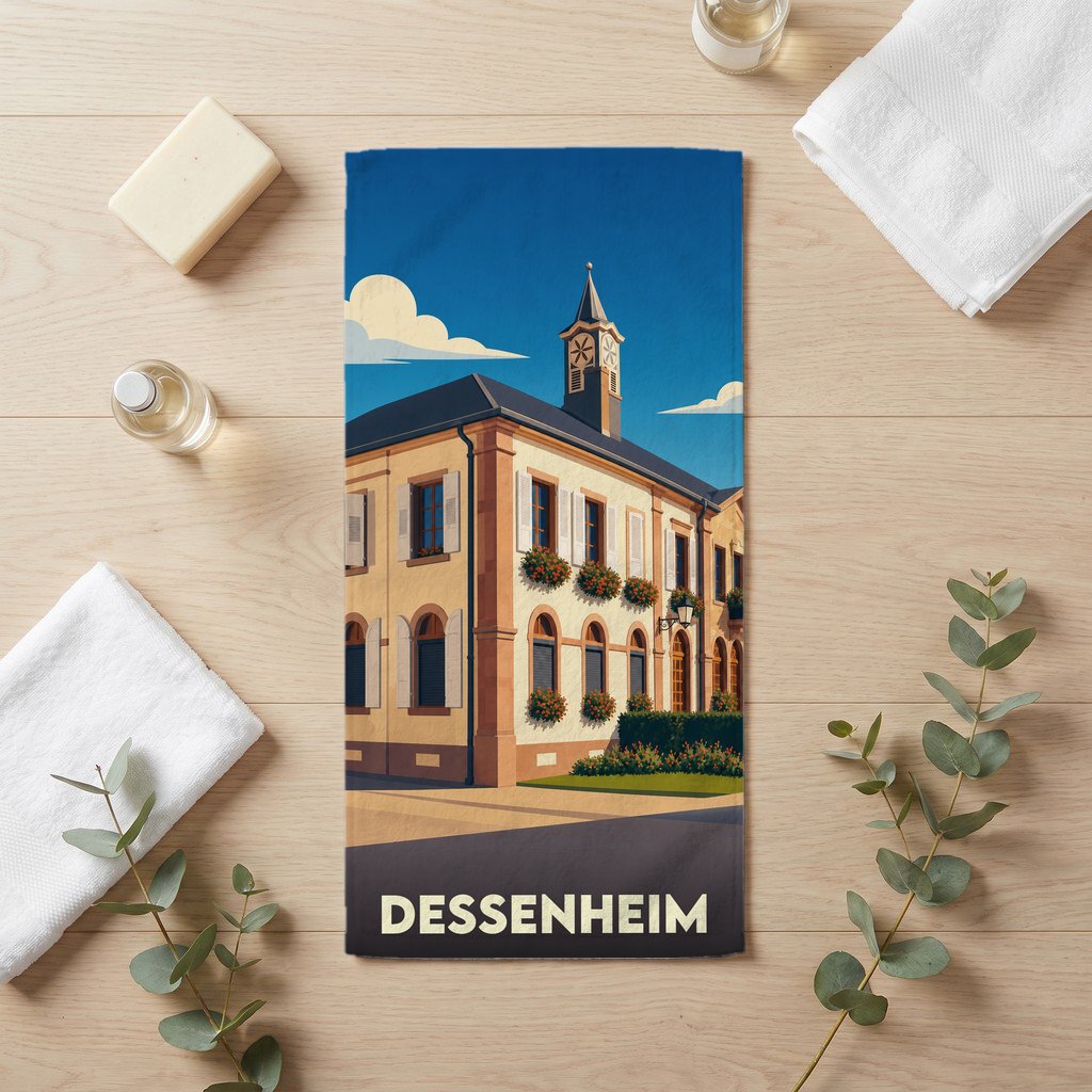 Serviette de bain souvenir de la ville de Dessenheim avec une illustration stylisée d'un bâtiment historique.