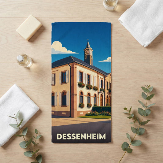 Serviette de bain souvenir de la ville de Dessenheim avec une illustration stylisée d'un bâtiment historique.