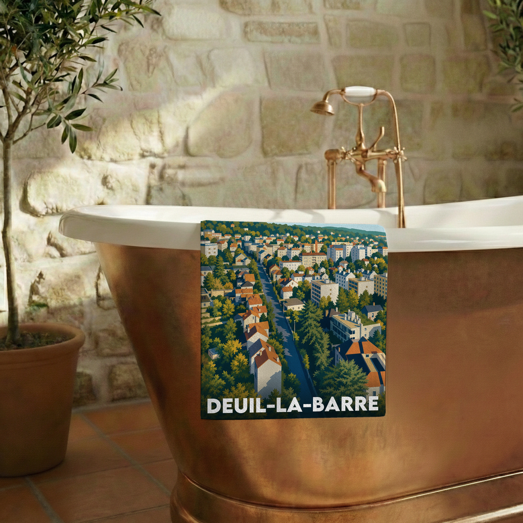 Serviette de bain souvenir de la ville de Deuil-la-Barre avec une illustration stylisée.