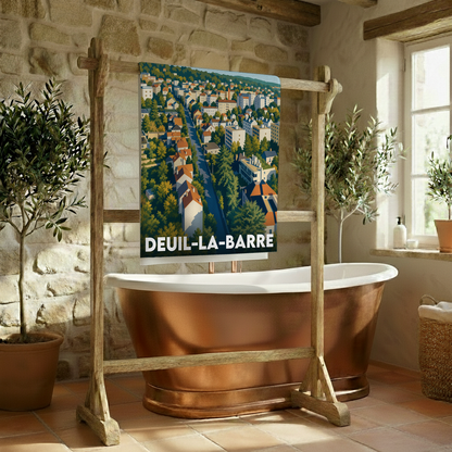 Serviette de bain souvenir de la ville de Deuil-la-Barre avec une illustration stylisée.