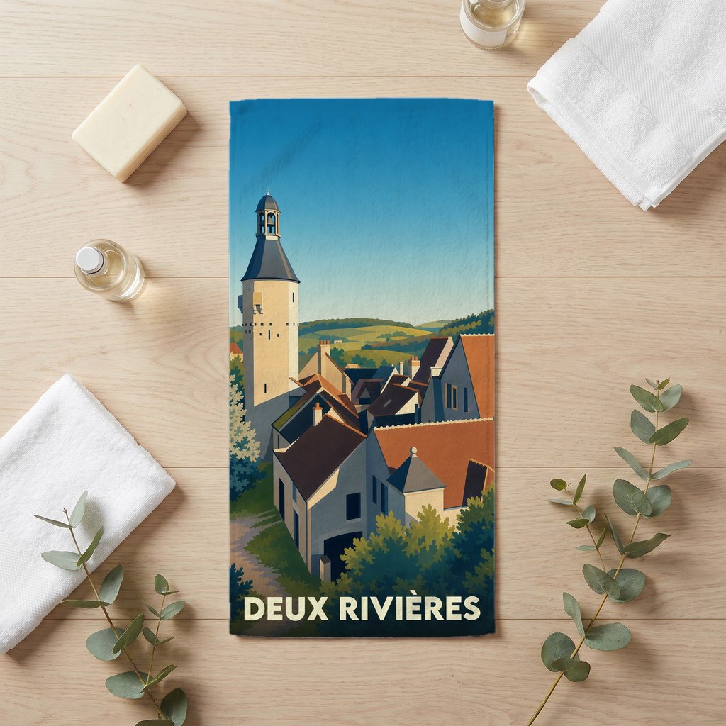 Serviette de bain souvenir de la ville de Deux Rivières avec une illustration de paysage urbain stylisé.