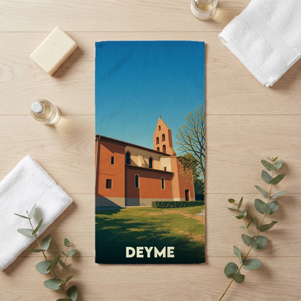 Serviette de bain souvenir de la ville de Deyme avec une illustration stylisée de son église.