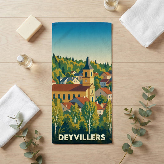 Serviette de bain souvenir de la ville de Deyvillers avec une illustration stylisée.