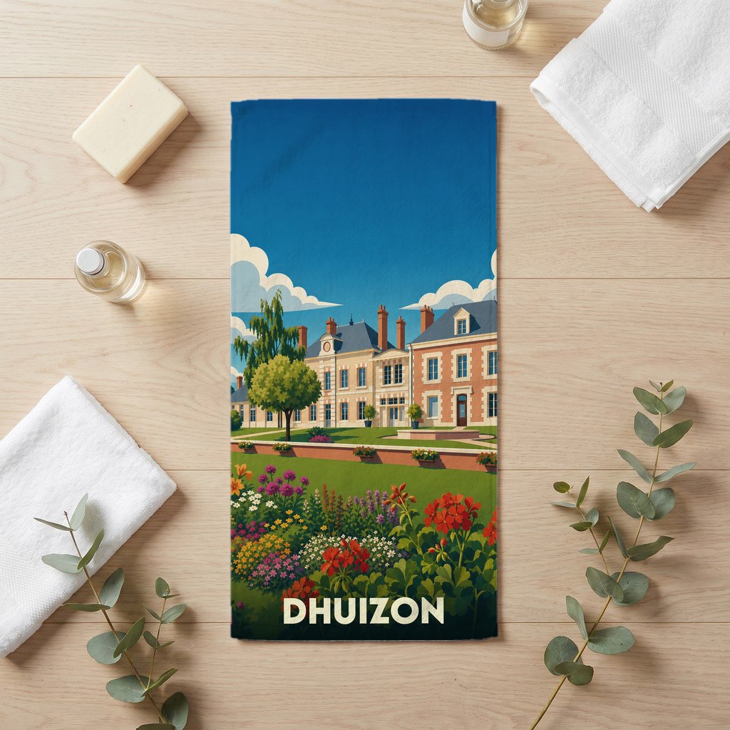 Serviette de bain souvenir de la ville de Dhuizon avec une illustration stylisée d'un manoir et de jardins fleuris.