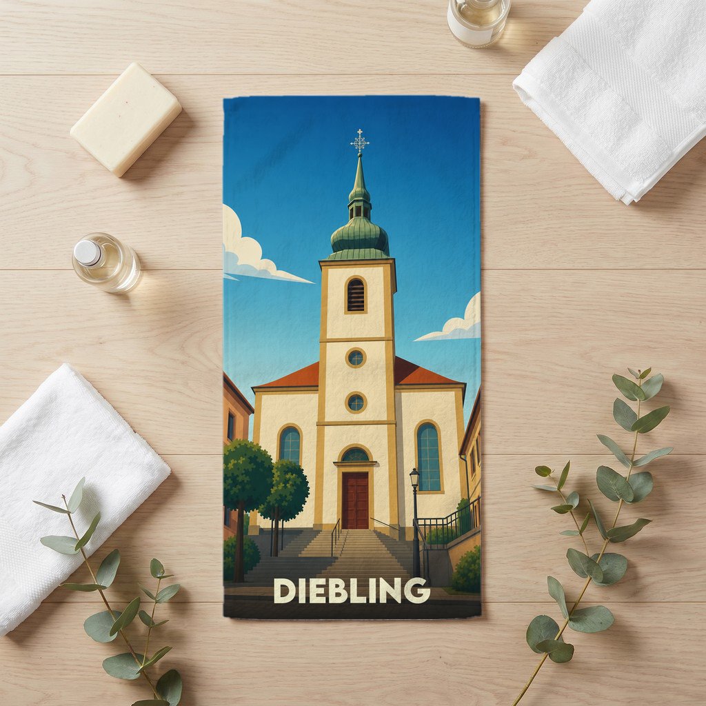Serviette de bain souvenir de la ville de Diebling avec une illustration stylisée de son église.