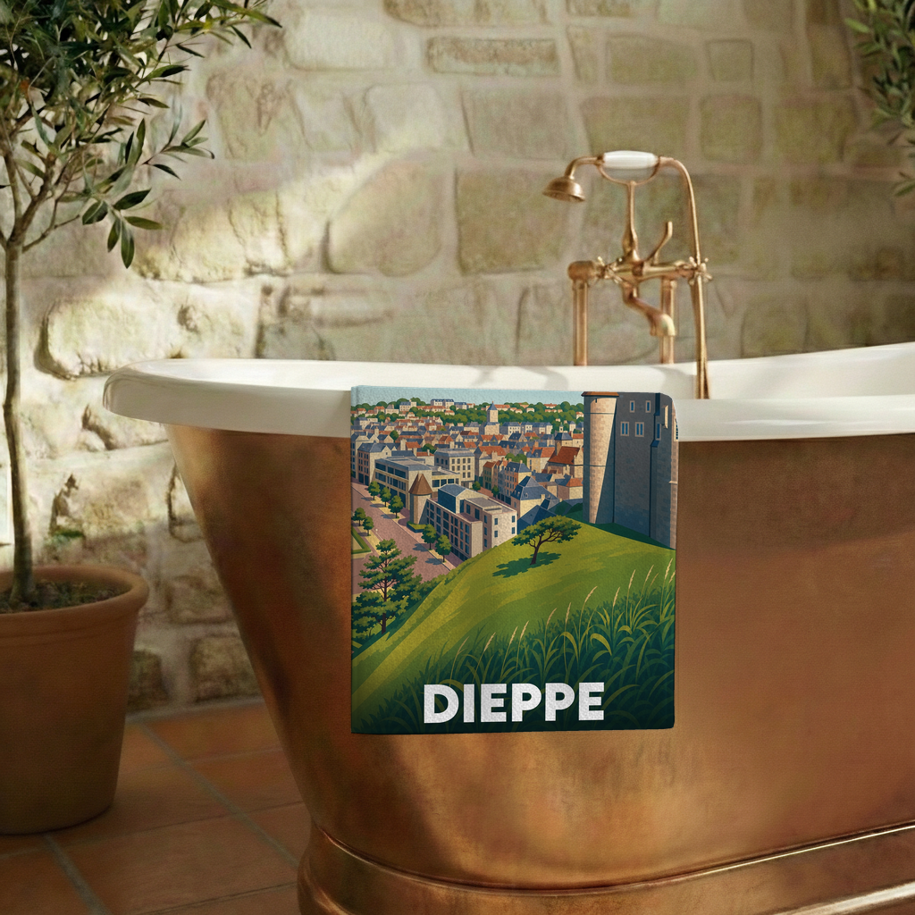Serviette de bain souvenir de la ville de Dieppe avec une illustration stylisée.