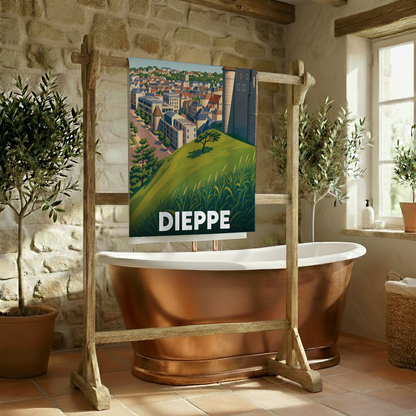 Serviette de bain souvenir de la ville de Dieppe avec une illustration stylisée.