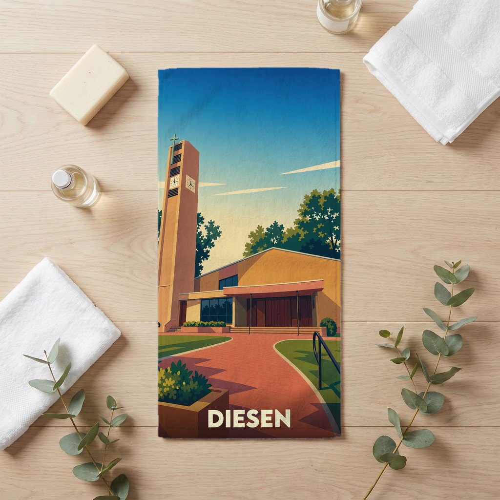 Serviette de bain souvenir de la ville de Diesen avec une illustration stylisée de son église.