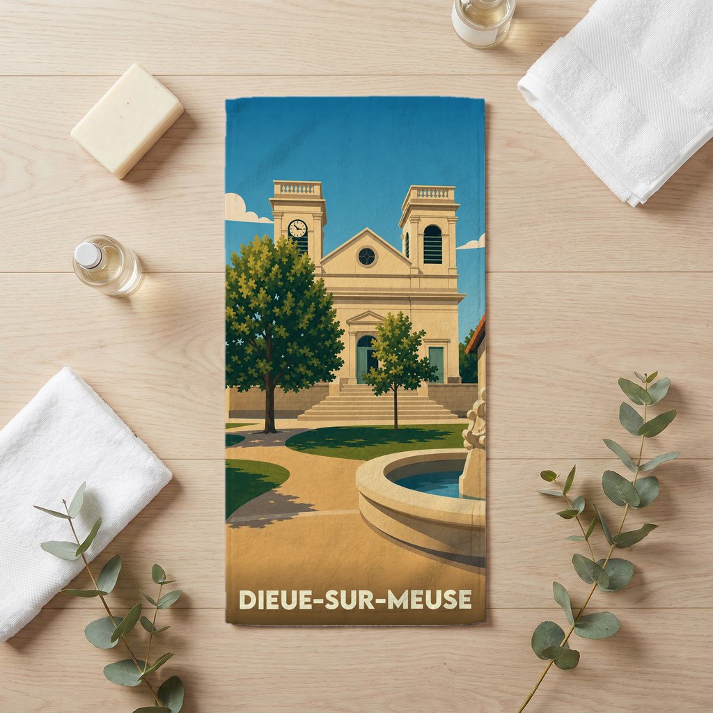 Serviette de bain souvenir de Dieue-sur-Meuse avec une illustration stylisée de son église et d'une fontaine.