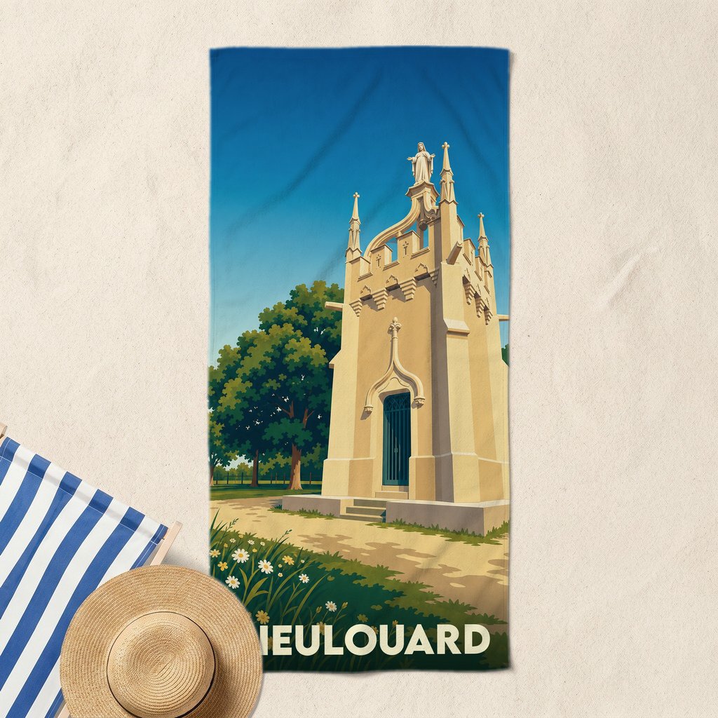 Serviette de bain souvenir de la ville de Dieulouard avec une illustration stylisée de la chapelle Notre-Dame-des-Airs.