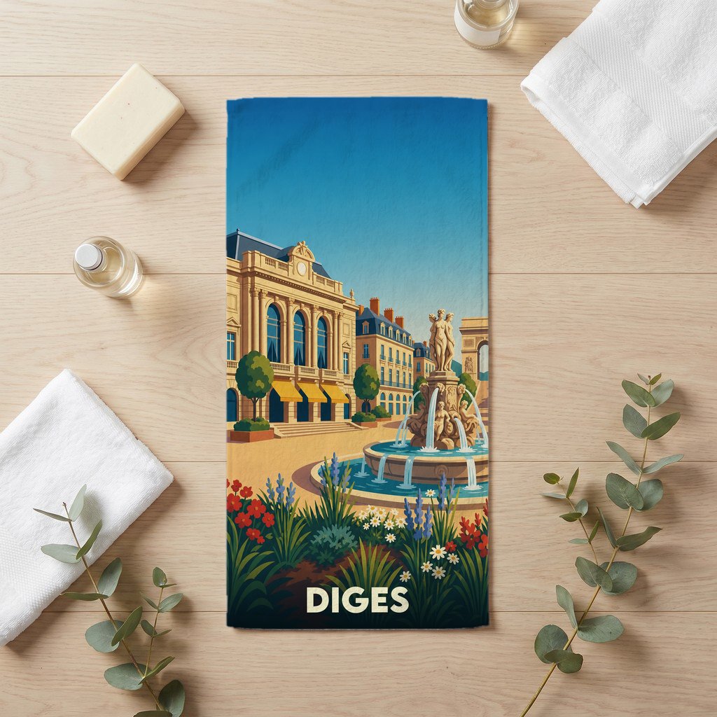 Serviette de bain souvenir de la ville de Diges avec une illustration stylisée.
