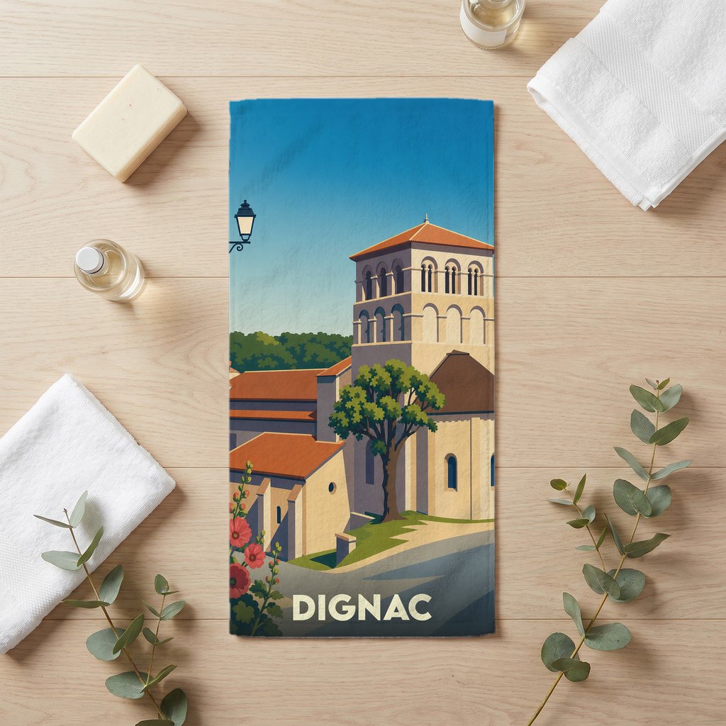 Serviette de bain souvenir de la ville de Dignac illustrée d'un paysage urbain stylisé.