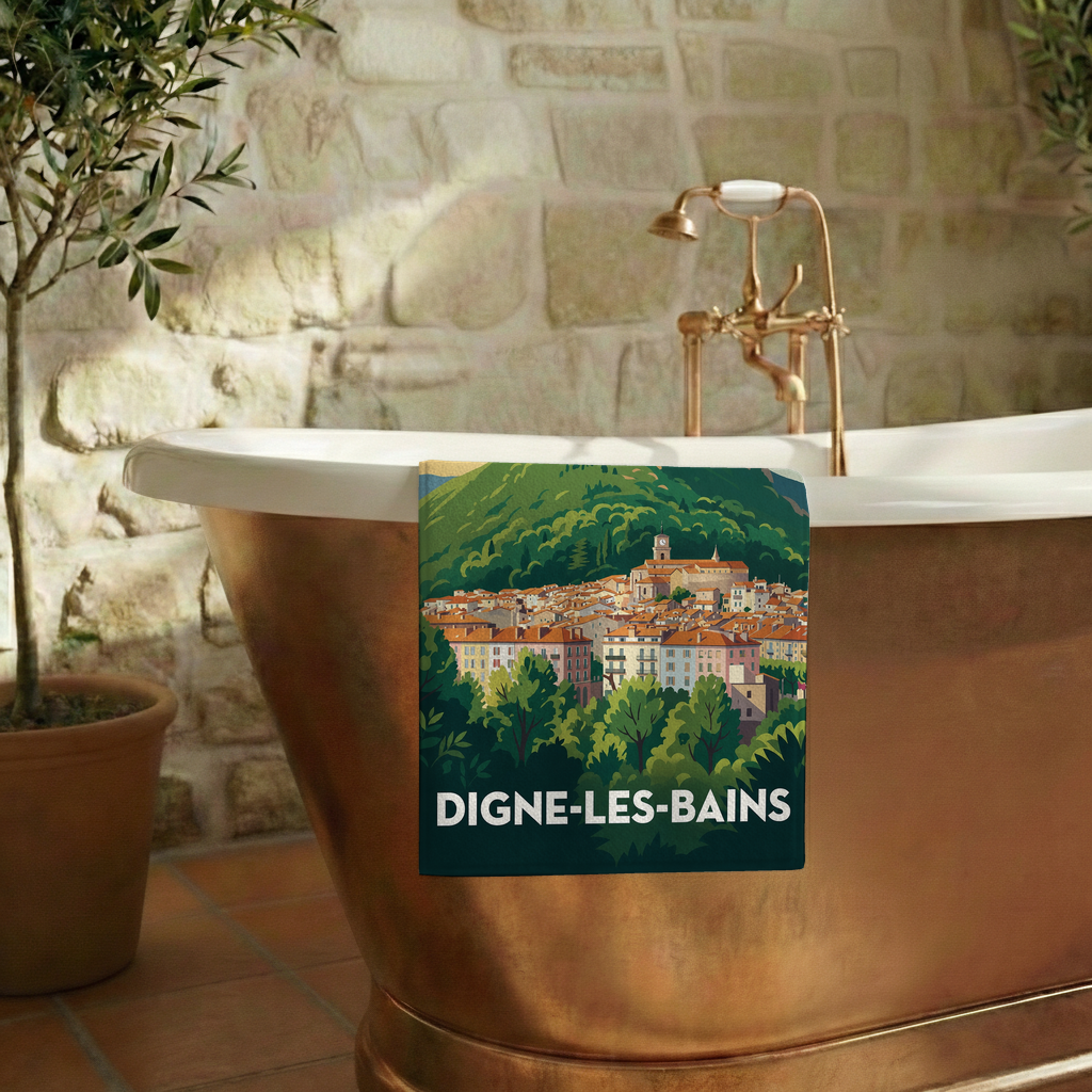 Serviette de bain souvenir de la ville de Digne-les-Bains avec une illustration stylisée.