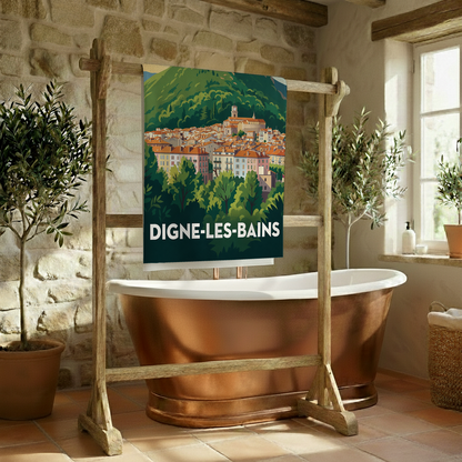 Serviette de bain souvenir de la ville de Digne-les-Bains avec une illustration stylisée.