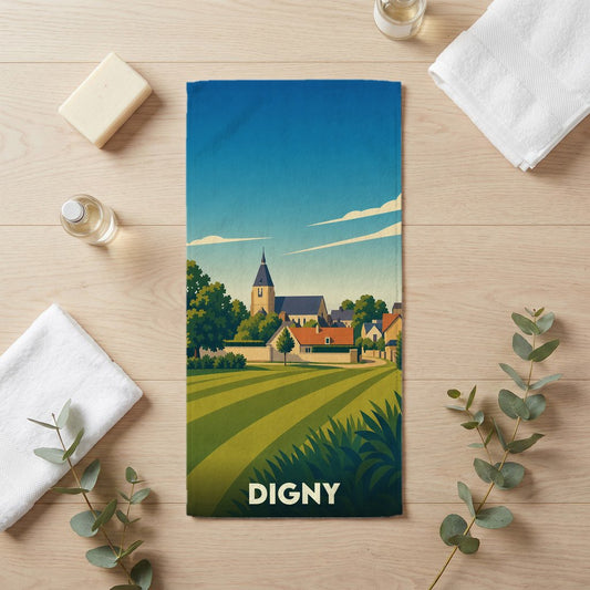 Serviette de bain souvenir de la ville de Digny avec une illustration stylisée.