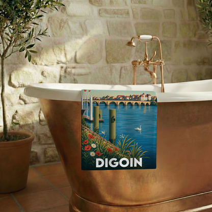 Serviette de bain souvenir de la ville de Digoin avec une illustration stylisée des bords de Loire.