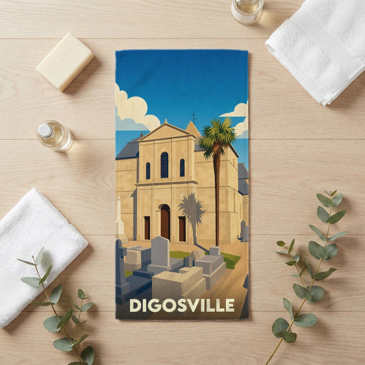 Serviette de bain souvenir de la ville de Digosville avec une illustration stylisée de son église.
