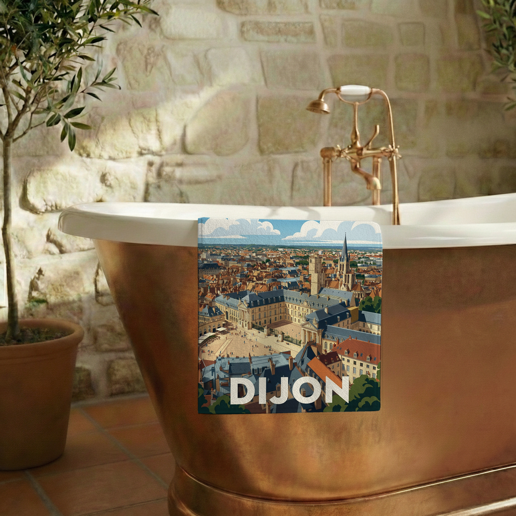 Serviette de bain souvenir de la ville de Dijon avec une illustration stylisée.
