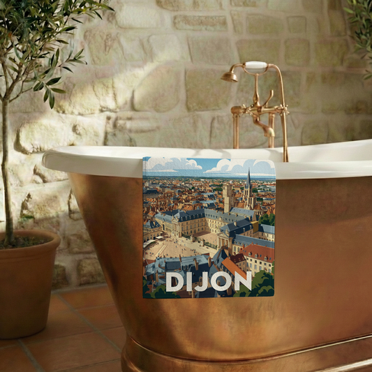 Serviette de bain souvenir de la ville de Dijon avec une illustration stylisée.