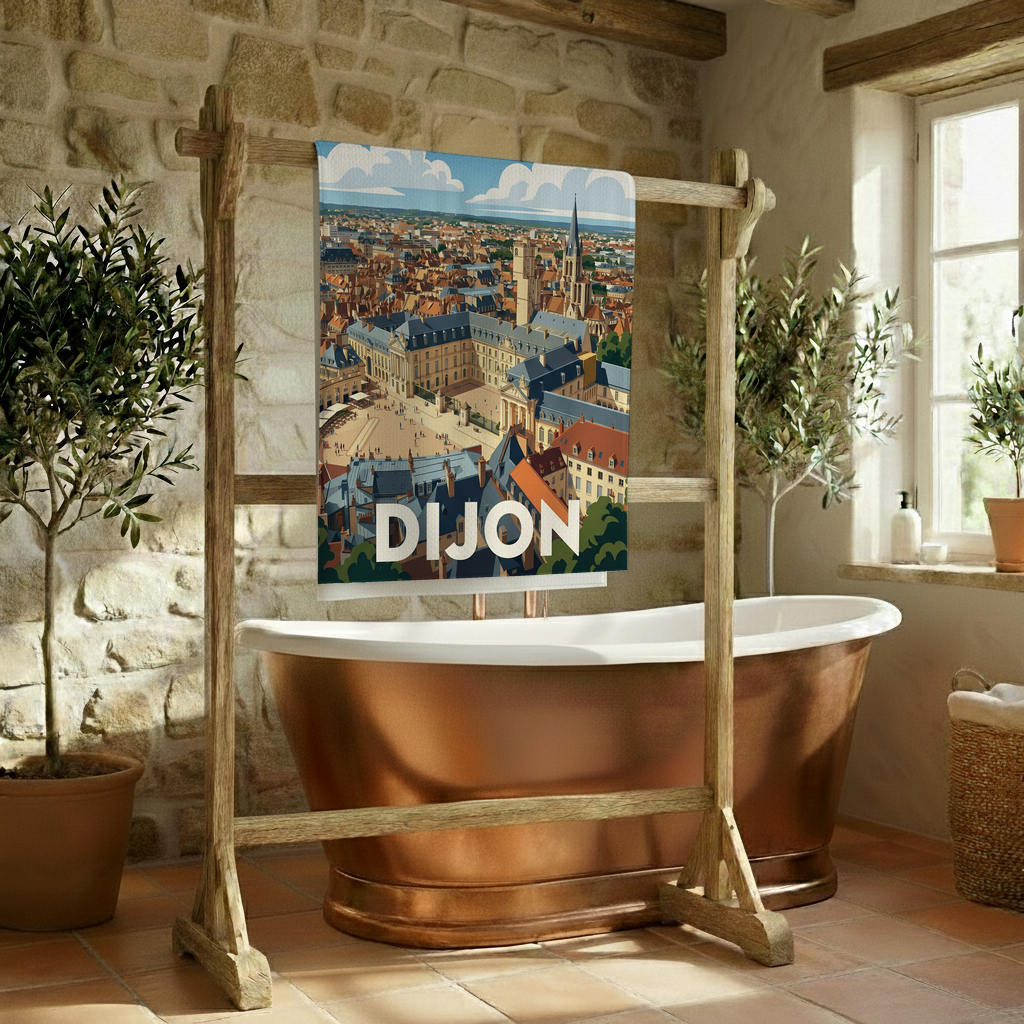 Serviette de bain souvenir de la ville de Dijon avec une illustration stylisée de son centre historique.